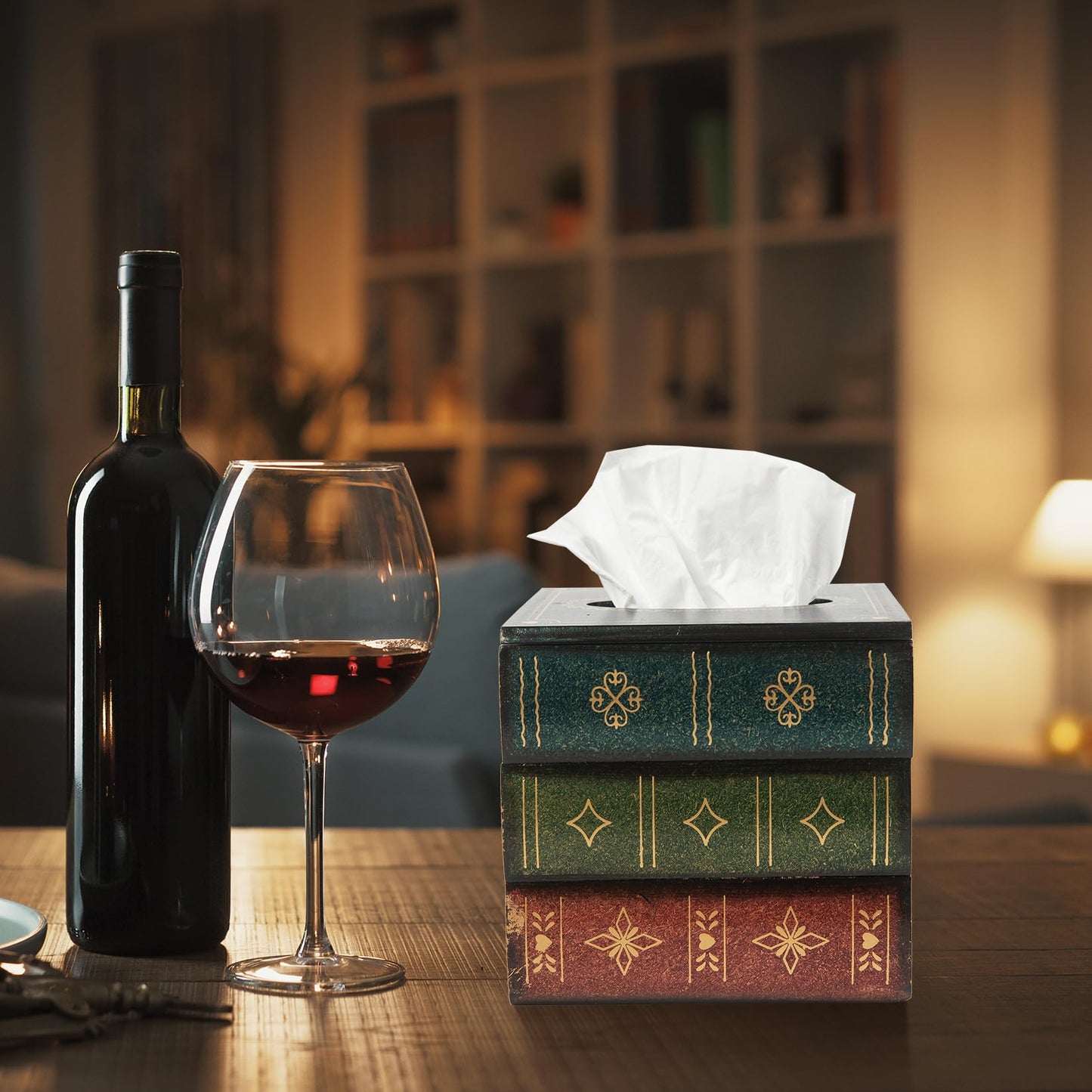 Crafted Classical Retro Wooden Antique Book Tissue Box Cover Square Tissue Holder Dispenser Paper Cover Case Napkin Holder Home Decor for Bathroom Living Room Office car Kitchen (Green)