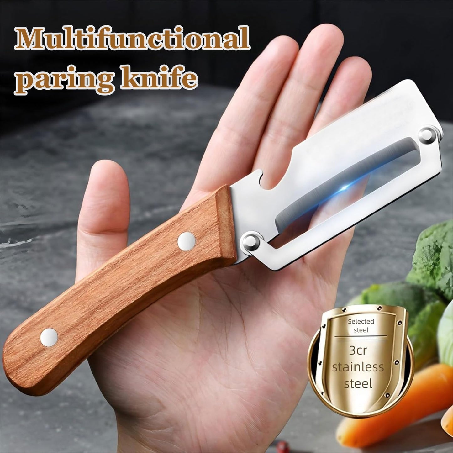 2 Pack 2 in 1 Multifunctional Vegetable Peeler, Sharp Stainless Steel Blade, Wooden Handle & Bottle Opener, Non-Slip Ergonomic Tool for Potato, Apple, Carrot, Pumpkin, Pineapple, Papaya, Zucchini