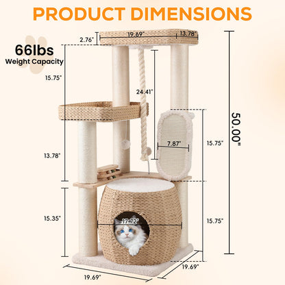 EMUST Luxury Modern Cat Tree Tower 50IN - Heavy-Duty Multi-Level Cat Condo with Extra-Large Hand-Woven Rattan Bed & Thickened Scratching Post for Indoor Cats Large Adult