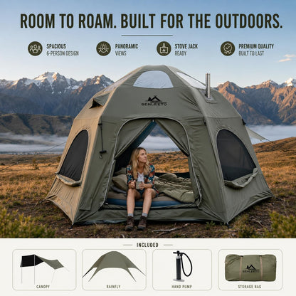 SENLEETO Inflatable Tents for Camping 6-8 People,174.81 Square Feets Igloo Tent, Inflatable Hot Tent with Stove Jack 4 Season Blow up Tents Waterproof Glamping