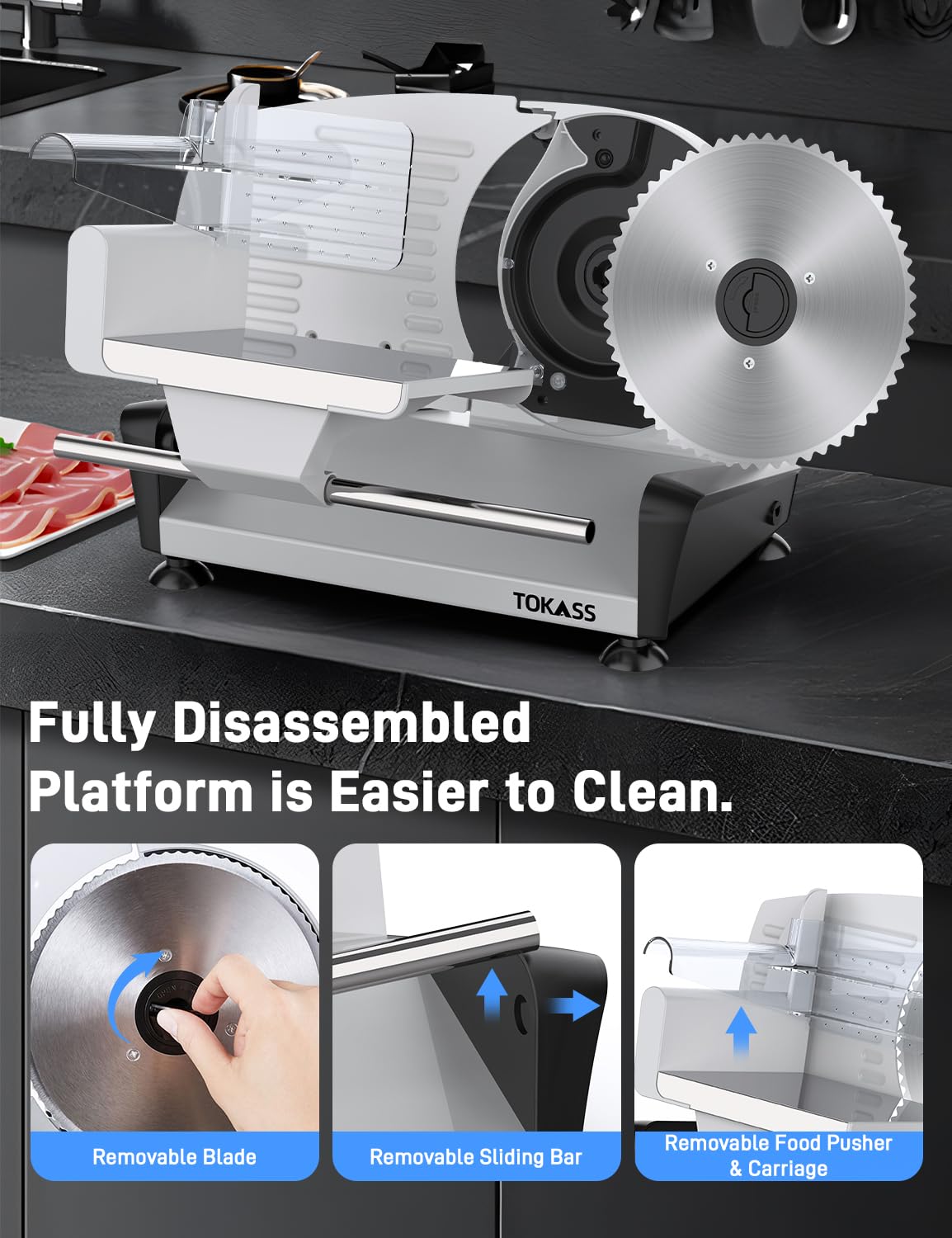 Meat Slicer, DC Motor Quiet 200W Meat Slicer Machine for Home, Deli Slicer with 2 Removable 7.5'' Stainless Steel Blades, Adjustable Dial for 0-15mm, electric bread slicer for meat (200, Watts)