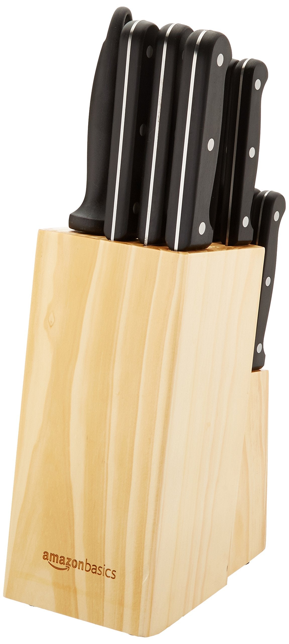 Amazon Basics 14-Piece High Carbon Stainless Steel Kitchen Knife Set with Full Tang Construction, Ergonomic Handles, Sharpener and Pinewood Block, Black