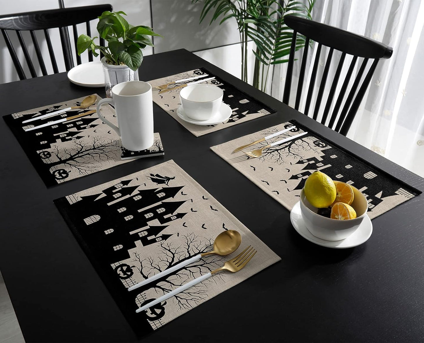 Halloween Placemats Set of 4, Cotton Linen Place Mats with Castle Witch, Pumpkin Lamp, Bat for Dinner Party