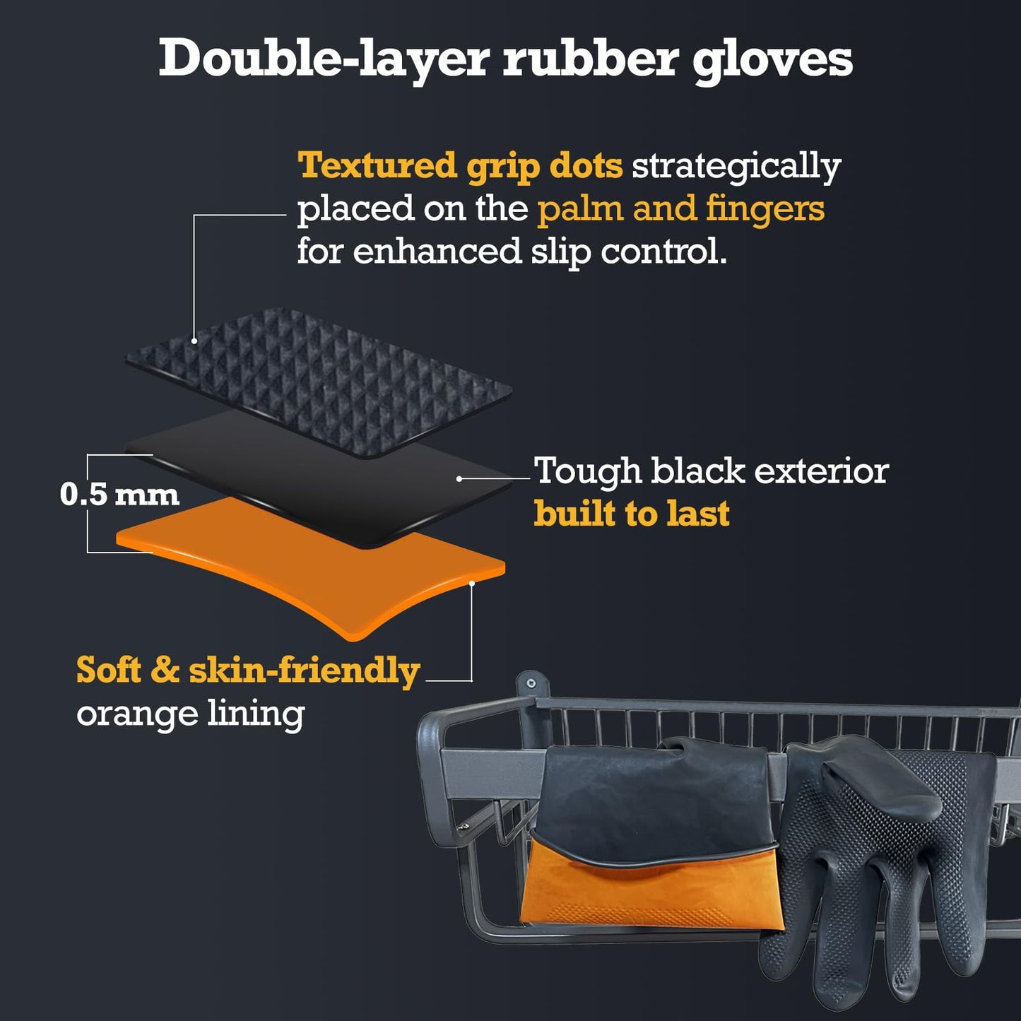 Exprosiflux Thick Rubber Cleaning Gloves - 3 Pairs Black Rubber Gloves for Dishwashing Large, Non-Slip Kitchen Gloves for Washing Dishes, Reusable Cleaning Gloves, Waterproof, Heavy-Duty (3P,L)