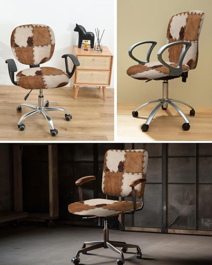 Vintage Leather Office Chair Covers, 2 Piece Abstract Cowhide Plaid Stretch Covers, Washable Chair Seat Protector