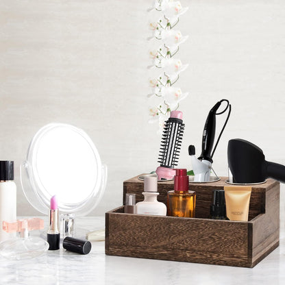 Rustic Wooden Hair Dryer Holder - Hair Tools Organizer with 3 Circular Holes and 1 Compartment for Bathroom Vanity