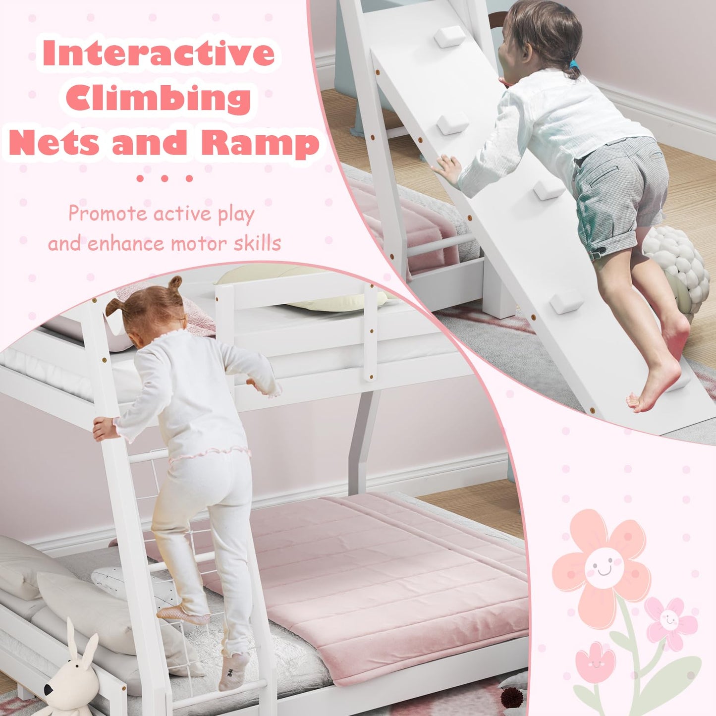 KOMFOTT Wood Twin Over Queen House Bunk Bed, Playhouse Floor Low Bunk Bed with Climbing Nets & Ramp, Space Saving Solid Wood Bunk Bed Frame with Safety Guardrails, Not Box Spring Required (White)
