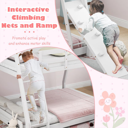 KOMFOTT Wood Twin Over Queen House Bunk Bed, Playhouse Floor Low Bunk Bed with Climbing Nets & Ramp, Space Saving Solid Wood Bunk Bed Frame with Safety Guardrails, Not Box Spring Required (White)