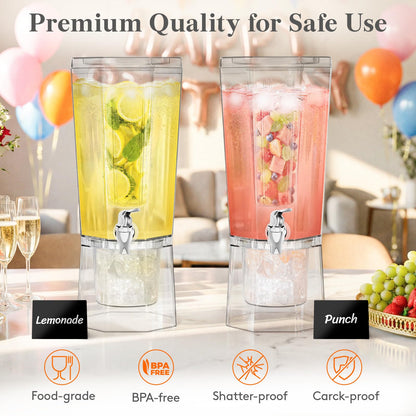 Lifewit 1 Gallon Drink Dispenser for Parties 2 Pcs, Plastic Beverage Container for Juice/Tea/Soda with Stand & Ice Core, Clear Lemonade Dispenser with Spigot, BPA Free Water Pitcher 39 x 16 cm/15x6"