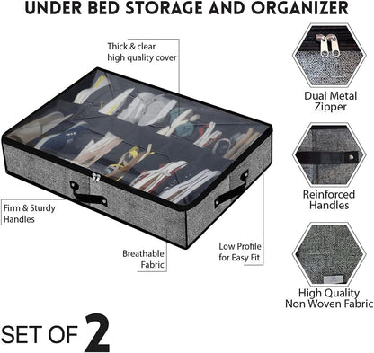 Under Bed Shoe Storage Organizer, Set of 2 for 24 Pairs, Clear Cover and Reinforced Handles with Strong Zipper