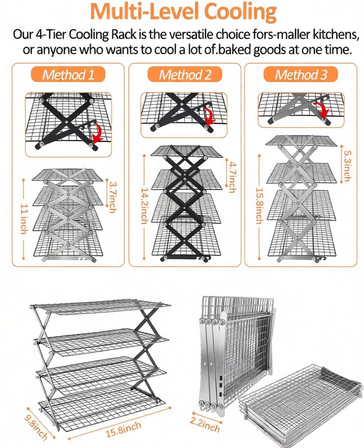 4 Tier Collapsible Cooling Rack, 2/3/4-Tier Upgraded,Adjustable ＆ Stackable Baking Rack, 5 Modes Cooling Racks for Cooking and Baking, Roasting ＆ Grilling Gifts for Picnic Party