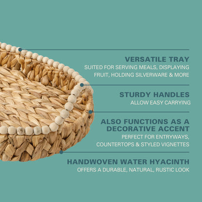 Gibson Home Riverrun Grove 17" Woven Decorative Serving Tray – Large Natural Water Hyacinth Basket w/Wood-Bead Trim & Handles for Coffee Table Décor, Ottomans, Centerpieces & Kitchen Counter Display