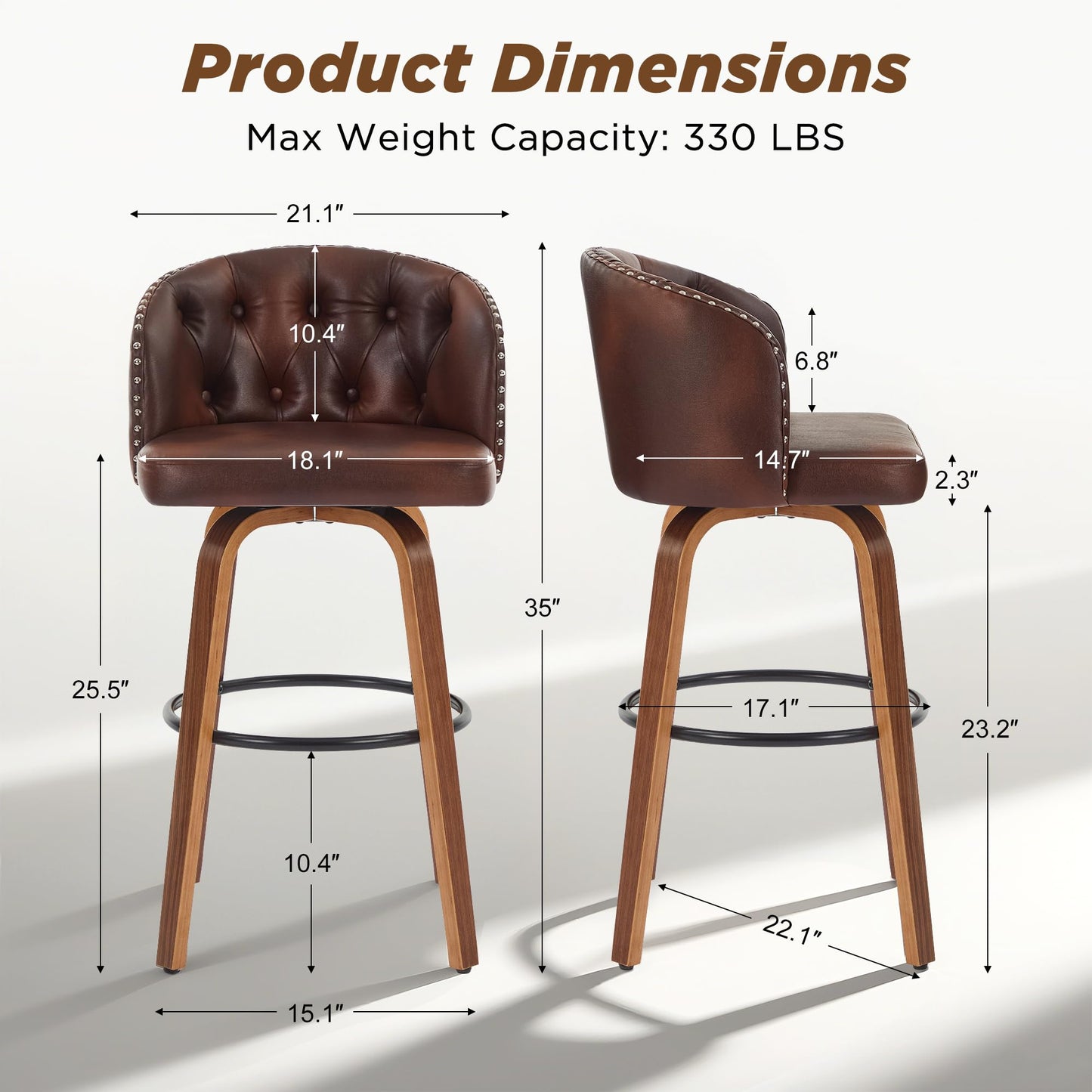 Dorlicecass 26" H Counter Height Bar Stools Set of 4，360°Swivel Bar Stools with Back,Seat Height Upholstered Counter Stools with Wood Legs and Footrest，Leather Farmhouse（Brown）