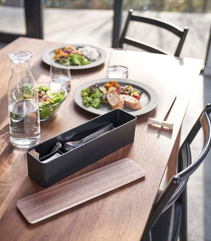 Yamazaki Home Rin Utensil Case - Knife Fork Spoon Silverware Holder with Divider, Portable for Kitchen Counter, Silver