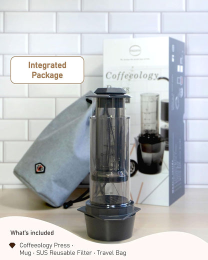 COFFEEOLOGY PRESS, Portable Coffee Maker with Chamber, Plunger, Reusable Filters, Mild and Bold Settings