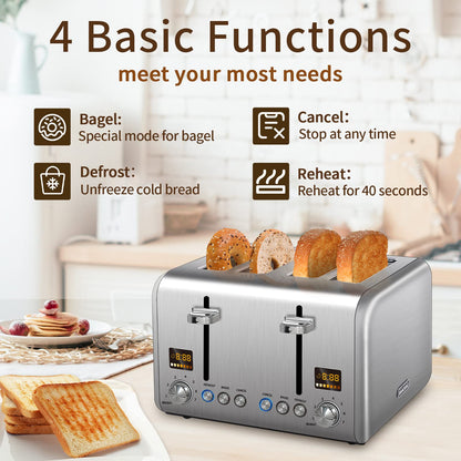 SEEDEEM 4 Slice Stainless Toaster - Color LCD Display, 7 Shade Settings, 1.5'' Wide Slots with Bagel/Defrost/Reheat Functions, Removable Crumb Tray, Silver Metallic, 1800W
