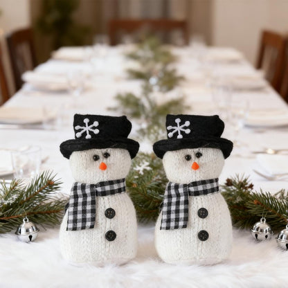 SmoothNovelty 2 Pcs Winter Snowman Plush Toys 6'' Snowman Figurines with Black and White Checkered Scarf Christmas Snow Man Table Centerpieces for Holiday Winter Home Table Fireplace Decor