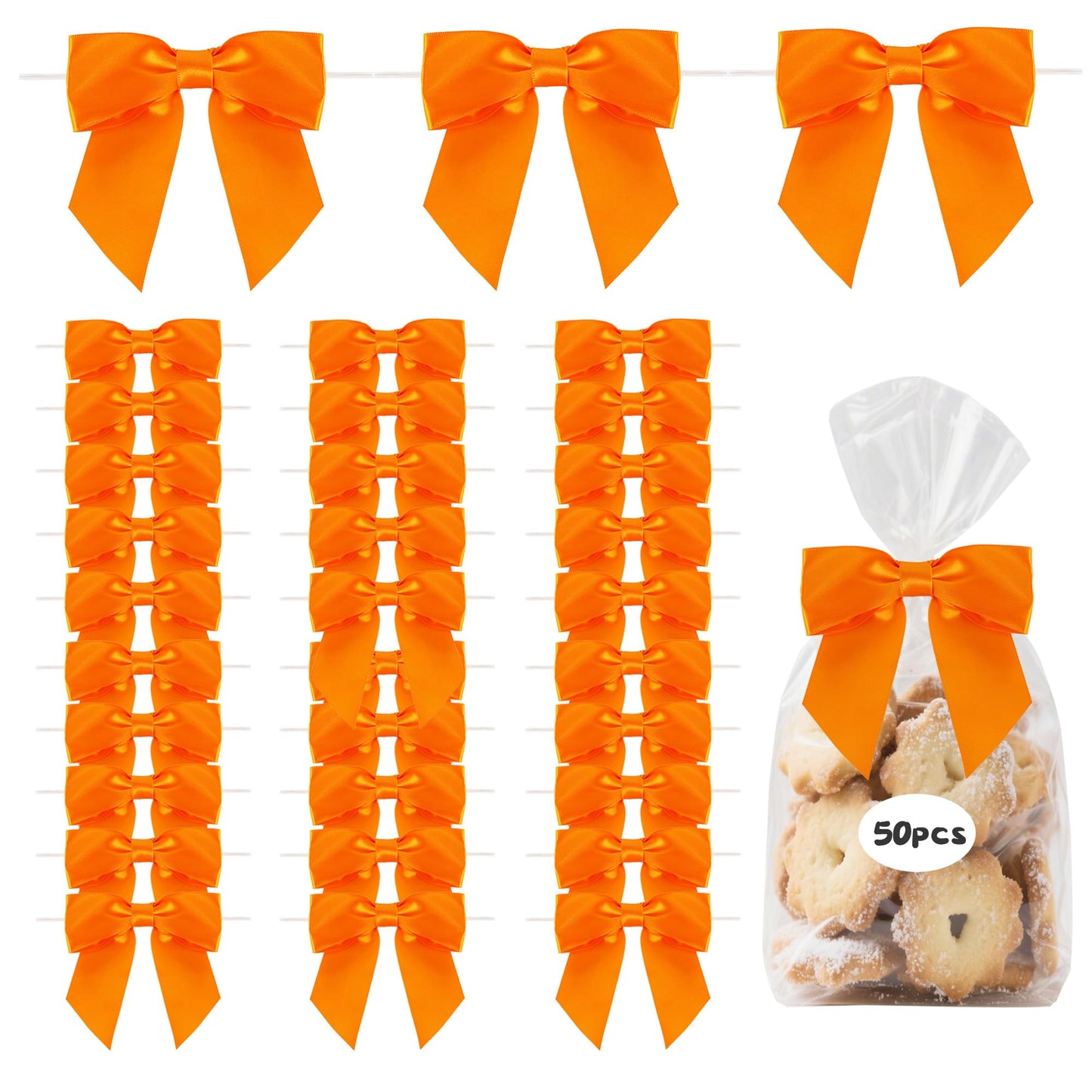 TONIFUL 50pcs Orange Satin Ribbon Bows with Twist Tie, 4.5 Inch Decorative Bows for Gift Wrapping, Bottles, Christmas Tree, Wedding, Baby Shower, Birthday Party Decorations,Thanksgiving,Halloween