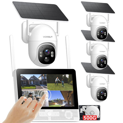 Solar Security Cameras Wireless Outdoor System with 10'' Touch Monitor 10CH NVR, 4MP WiFi6 Cameras for Home Security, 355° Pan 90° Tilt, Night Color, 2-Way Audio, 500G HDD, 0 Monthly Fee, 4 Cam-Kit