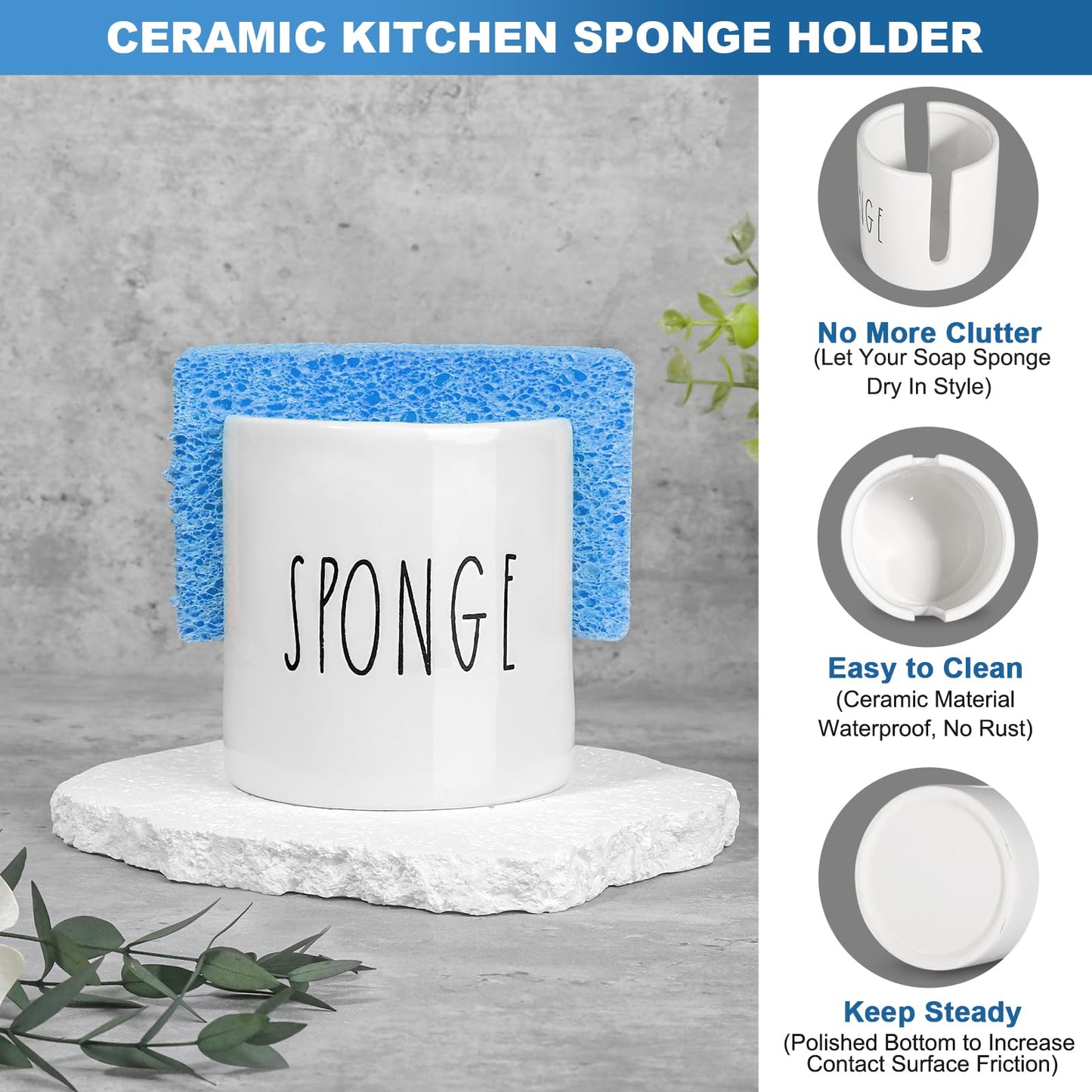 ALPIRIRAL Dish Soap Dispenser for Kitchen, Ceramic Dish Soap Dispenser with Sponge Holder, White Dispenser Set with Tray, 3 in 1 Countertop Sink Organizer, Farmhouse Modern Kitchen Decor