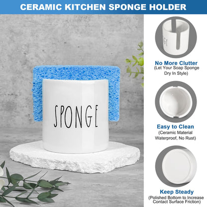 ALPIRIRAL Dish Soap Dispenser for Kitchen, Ceramic Dish Soap Dispenser with Sponge Holder, White Dispenser Set with Tray, 3 in 1 Countertop Sink Organizer, Farmhouse Modern Kitchen Decor