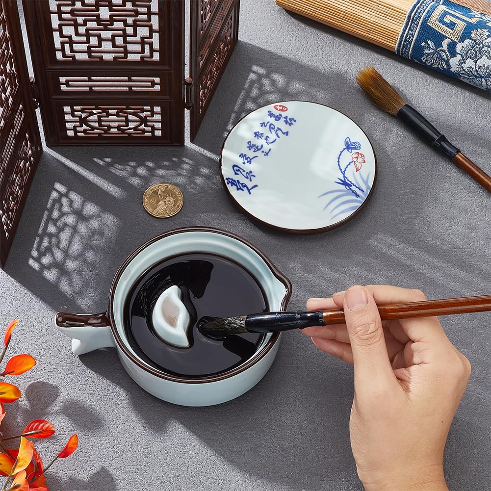 PH PandaHall Porcelain Ink Dish Plate Fish Shape Calligraphy Inkwell Lotus Bamboo Pattern Ceramic Ink Plate with Brush Holder Multifunctional Bowl for New Year Calligraphy Chinese Japanese Painting