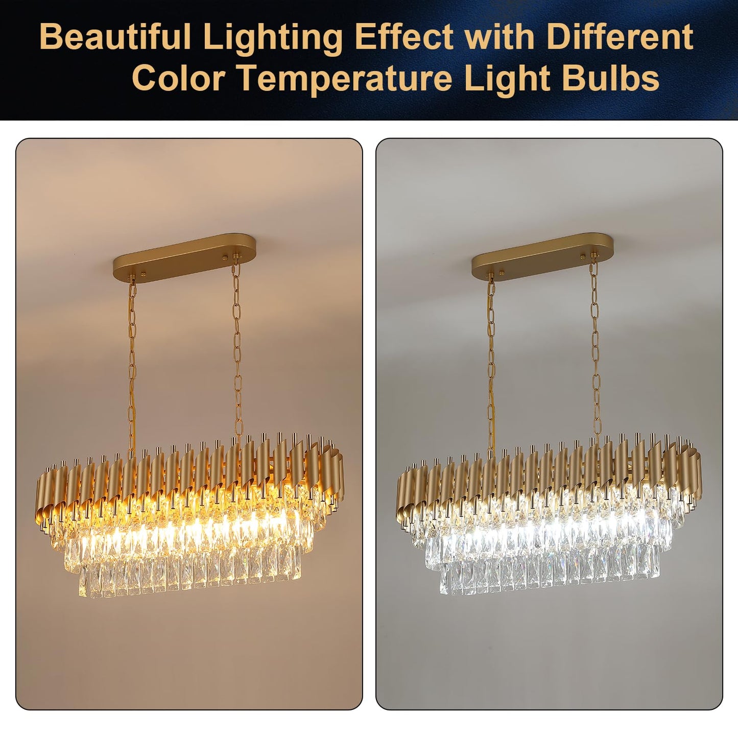 A AXILIXI Modern Rectangular Chandelier Gold Crystal Chandeliers for Dining Room 8-Light Linear Ceiling Pendant Light Long 32” Luxury Oval Chandelier for Kitchen Island Living Room