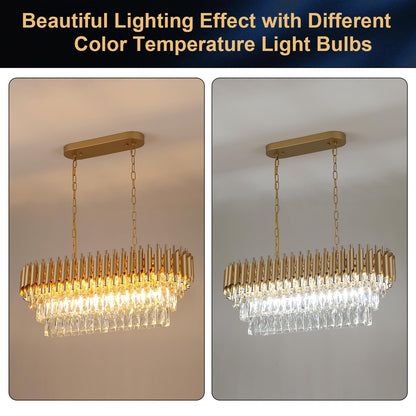 A AXILIXI Modern Rectangular Chandelier Gold Crystal Chandeliers for Dining Room 8-Light Linear Ceiling Pendant Light Long 32” Luxury Oval Chandelier for Kitchen Island Living Room