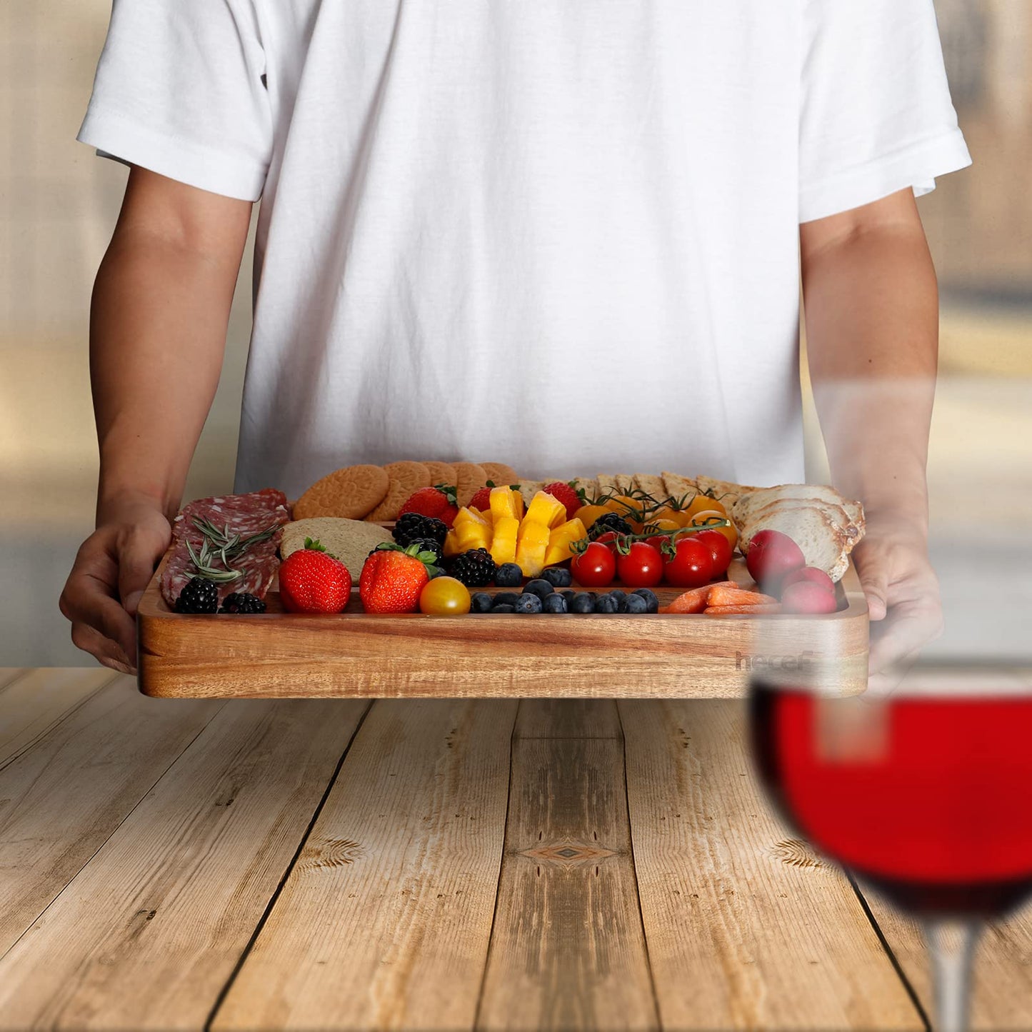 hecef Cheese Board Set Acacia Wood - Large Charcuterie Board with Stainless Steel Knife Set, Thick Wooden Server - Fancy House Warming, Birthday Choice for Gourmets, Feast, Cheese Serving