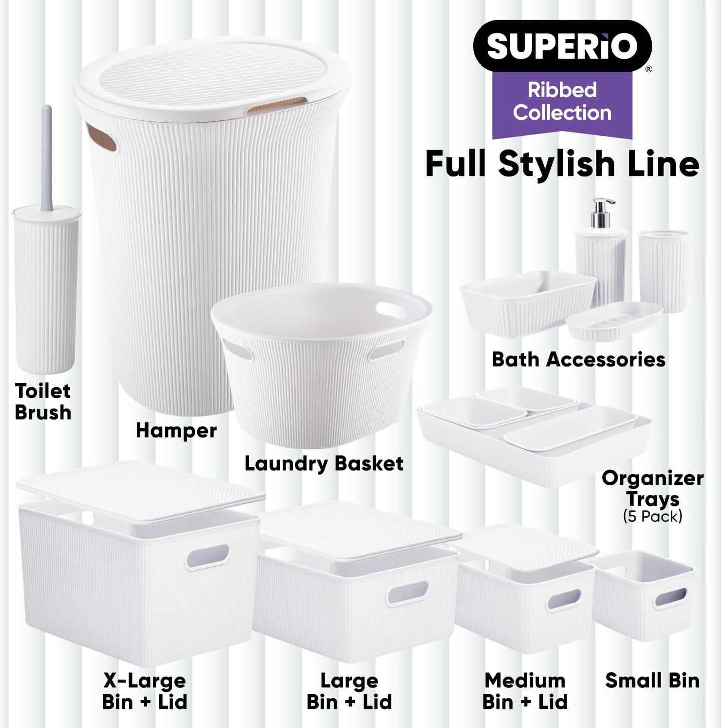 Superio Ribbed Collection - Decorative Plastic Lidded Home Storage Bins, Medium White (2 Pack)