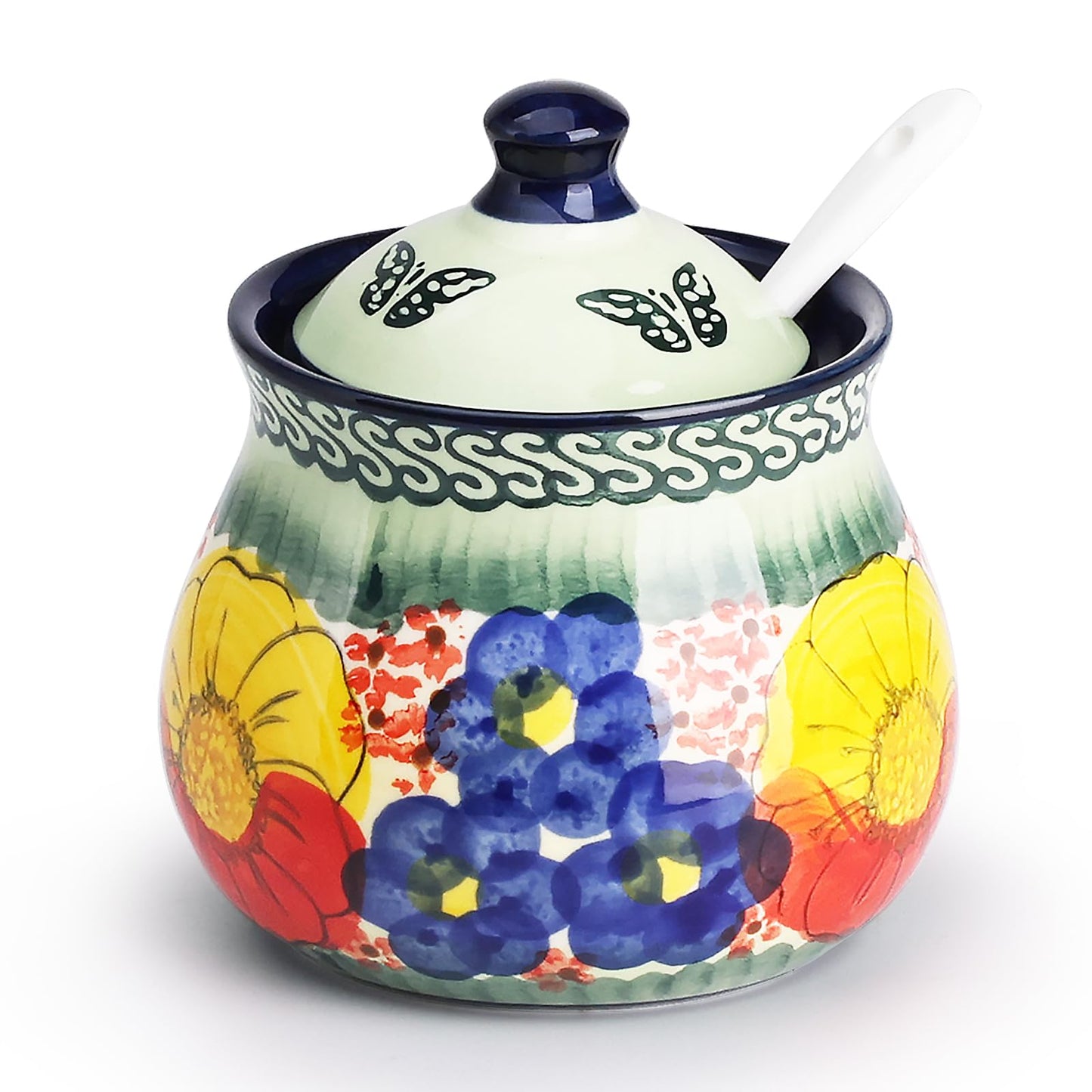 silesia Handmade Sugar Bowl with Lid and Spoon, 9 Ounce Ceramic Hand-Painted Sugar Jar for Home in Gift Box, Kitchen Decor, Oven, Dishwasher & Microwave Safe, Glazed Green