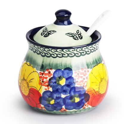 silesia Handmade Sugar Bowl with Lid and Spoon, 9 Ounce Ceramic Hand-Painted Sugar Jar for Home in Gift Box, Kitchen Decor, Oven, Dishwasher & Microwave Safe, Glazed Green