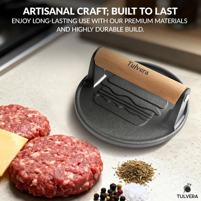 Tulvera Smash Burger Press | Cast Iron Hamburger Smasher Tool | Flat-Edge Meat Press for Hamburgers, Bacon, Outdoor Kitchen | Griddle & Grilling Accessories | Pre-Seasoned | 6.1”