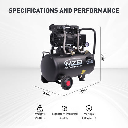 MZB 6.4 Gallon Ultra Quiet Air Compressor 110V/60Hz 7.41CFM 1.5HP, MAX 115PSI Steel Tanks Oil-Free 70dB Noise Level Air Compressor with Wheels for Spray Painting, Auto Repair, Carpentry Decoration