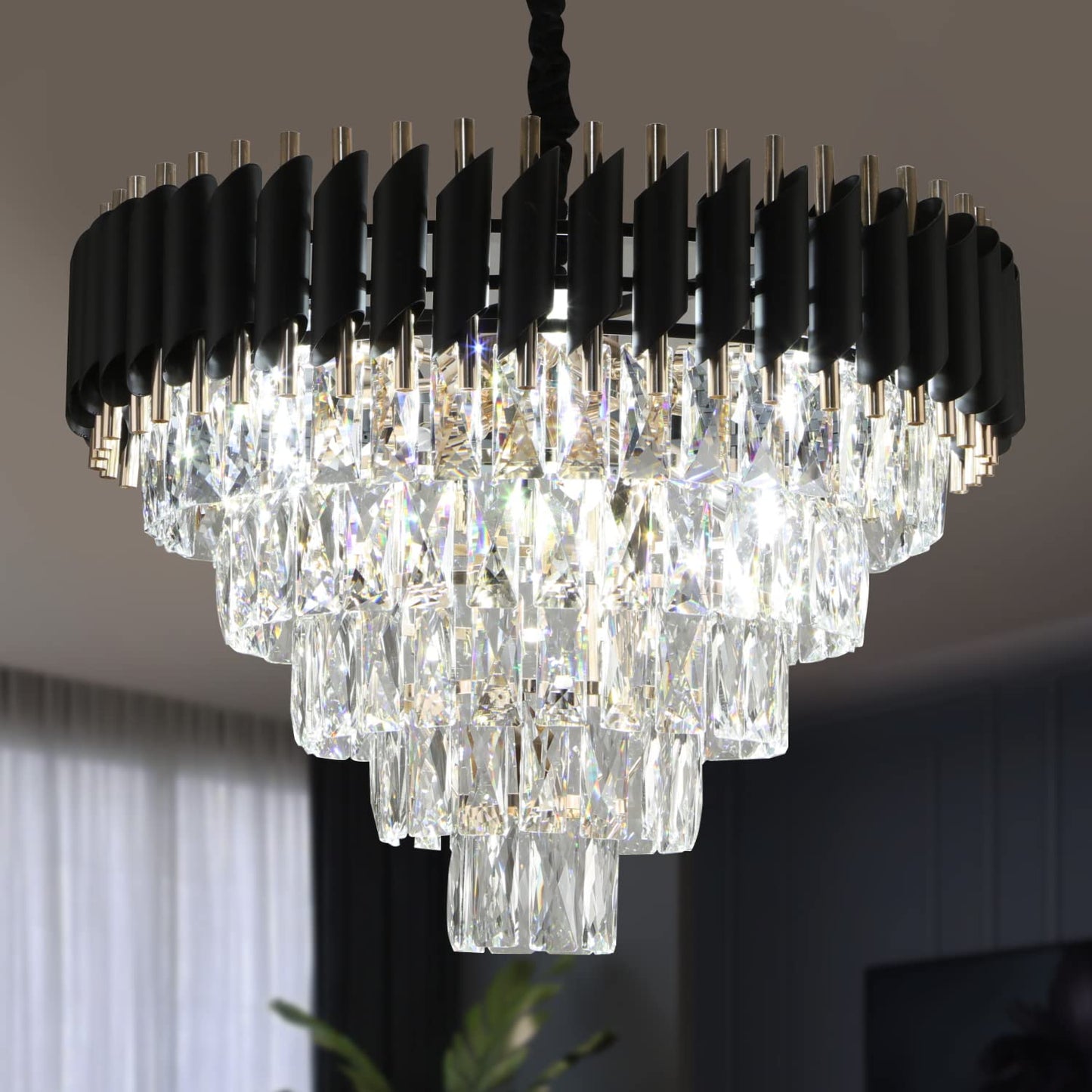 AXILIXI Crystal Chandelier Contemporary, 24" Modern Living Room Chandeliers, K9 Crystal Ceiling Lights Fixtures, Round 5 Tiers Pendant Lighting Chandelier Black for Entryway Dining Room Staircase
