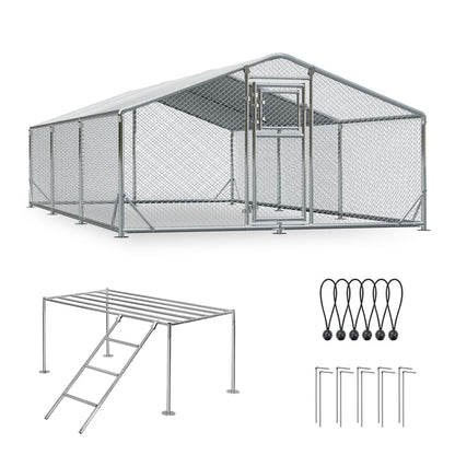 10x20FT Metal Chicken Coop, Large Chicken Run with Dutch Door Chicken Perch, and 2 Cover, Walk in Duck Coop for Backyard Poultry and Pet Farming
