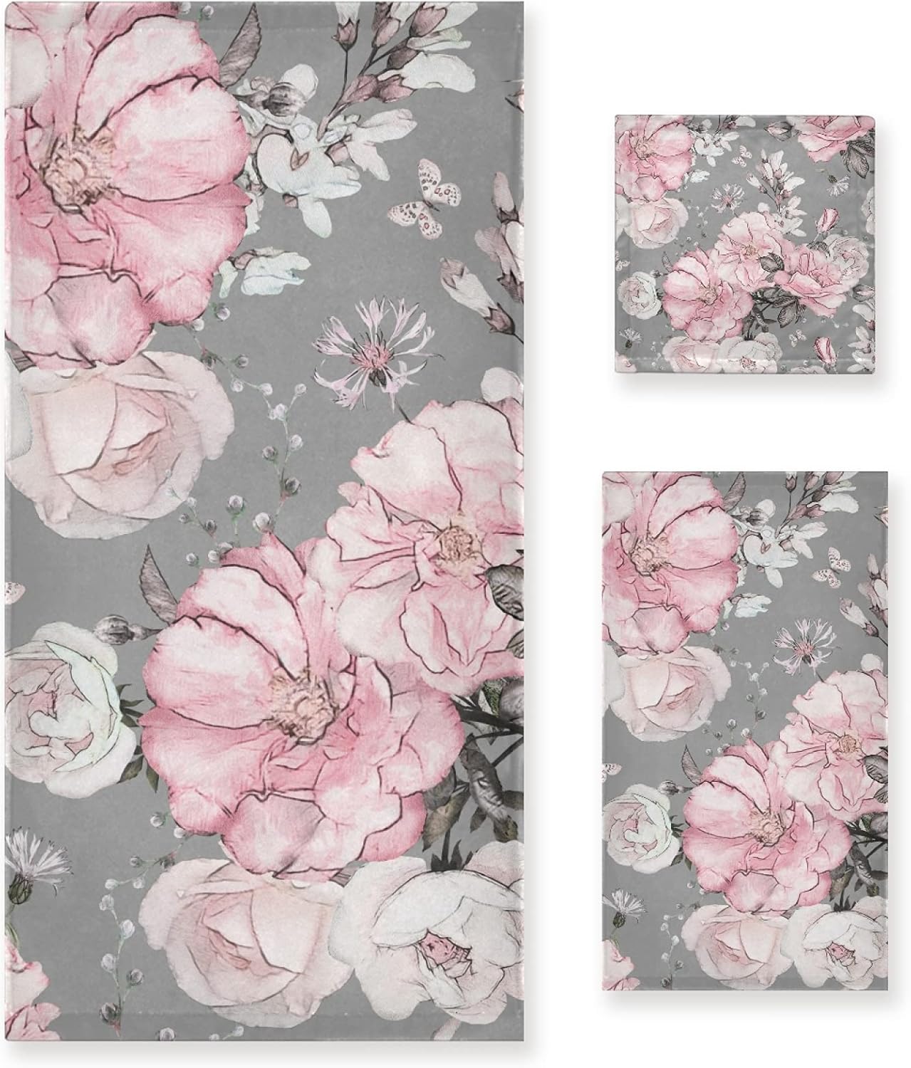 Sets 3 Sets1 1 1 ALAZA Pink Flowers Roses and Leaves on Gray Towel Bathroom Piece Bath Towel Bath Towel Hand Towel