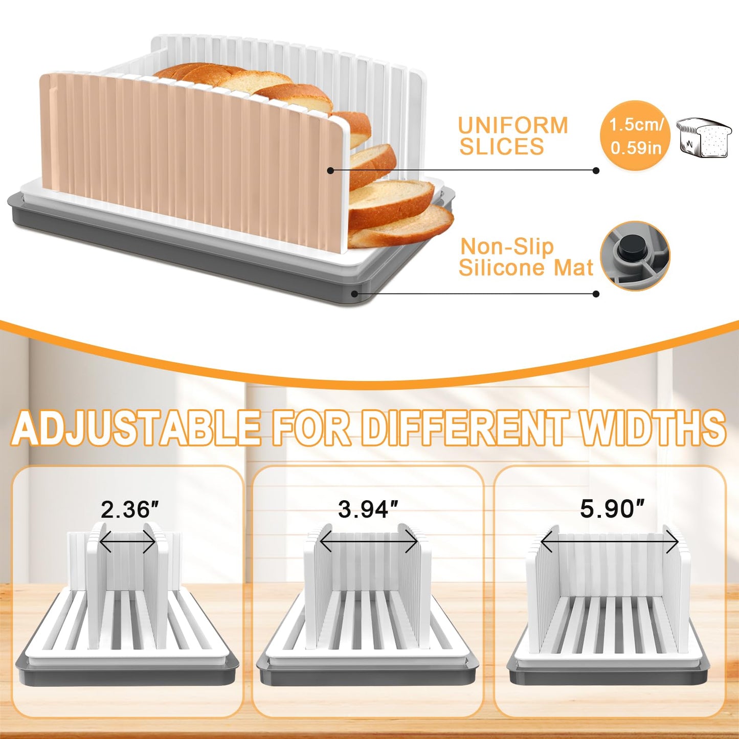 Kiss Core New Upgrade Bread Slicer for Homemade Bread, Bread Slicing Guide Adjustable Width, Foldable and Compact Cutting Guide with Crumb Tray, Suitability for Homemade Bread, Bagels, Cakes