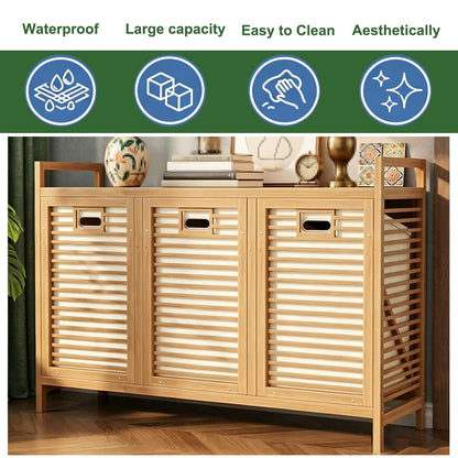 Bamboo Hidden Tilt-Out Laundry Hamper, 3 Compartment Laundry Sorter with Removable Waterproof Liner, Slim Organizer for Bathroom Bedroom Laundry Room