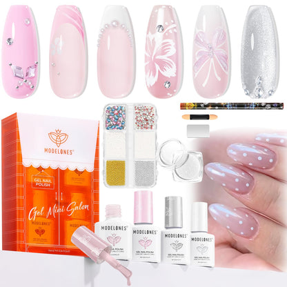 Modelones Gel Nail Polish Kit with UV Light, Milky White Nude Glitter Pink Red Gold Fall Metallic Manicure Set with Base Top Coat Star Stickers 4 Colors Gel Mini Salon Nail Art Gift for Women Girl
