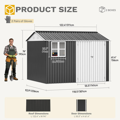 DWVO 10x8ft Large Tool Storage Shed with Window, Lockable Doors, and Sloped Roof, Oversized Steel Outdoor Storage Shed for Garden, Patio, Garage, Backyard, Lawn - Gray & White