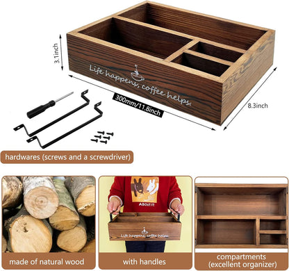 Farmhouse Coffee Station Organizer Basket for Countertop, Wooden Tray for Coffee Supplies, Sugar, Syrup, Tea (Brown)