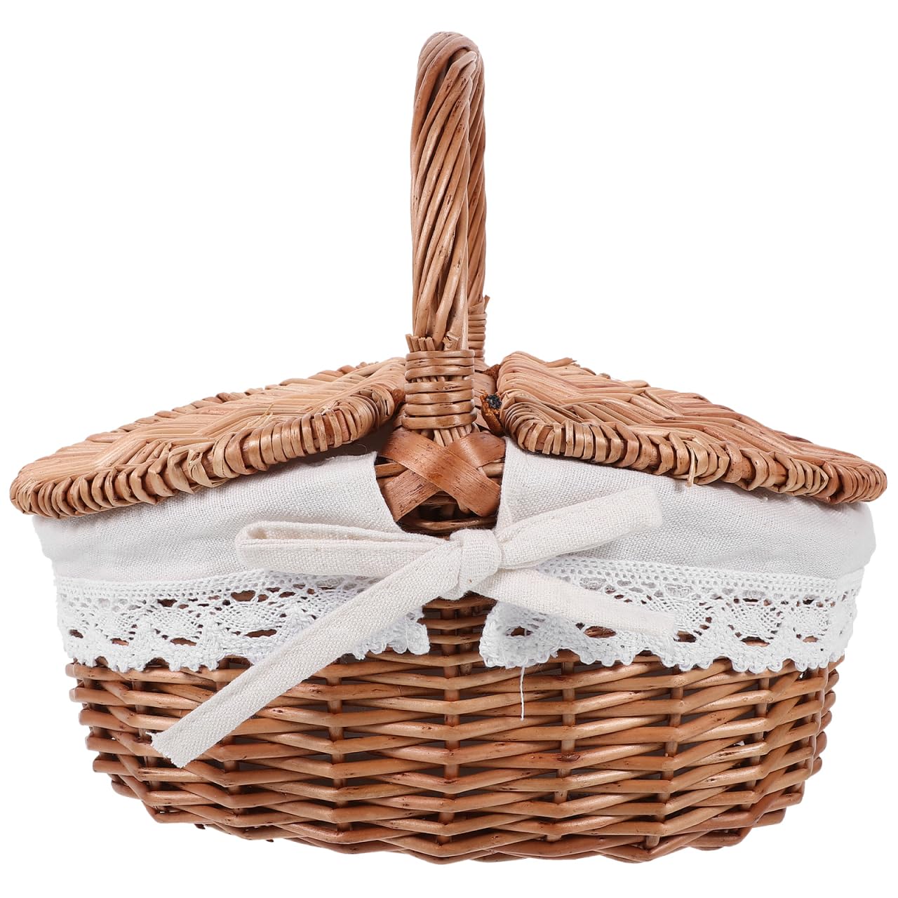Mipcase Wicker Picnic Basket with Lid and Handle: Vintage Woven Storage Basket with Washable Lining for Flowers Vegetables Fruits, 10.02X7.27X5.31in