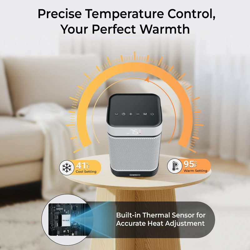 GENEREDGE Portable Space Heater for Indoor Use - 1500W PTC Electric Heater with Digital Thermostat, Remote Control, 80°Oscillation, Timer, Fan & Quite Eco Mode, Rapid and Safe Heating for Bedroom