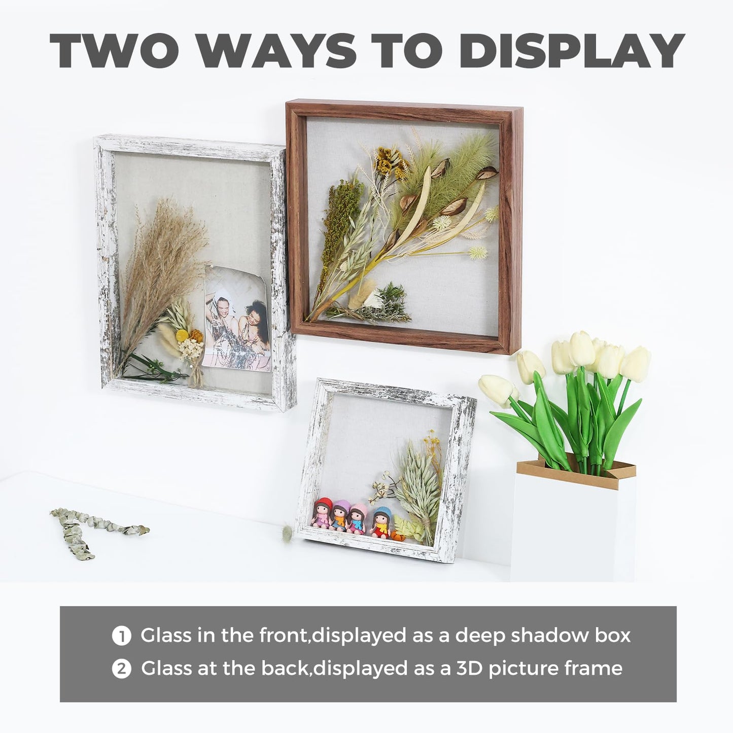 Muzilife 10x10 Shadow Box Picture Frame with Linen Board - Deep Wood & Glass Display Case Ready to Hang Memory Box Baby Sports Memorabilia, Pins, Awards, Medals, Wedding, Tickets and Photos (Black)