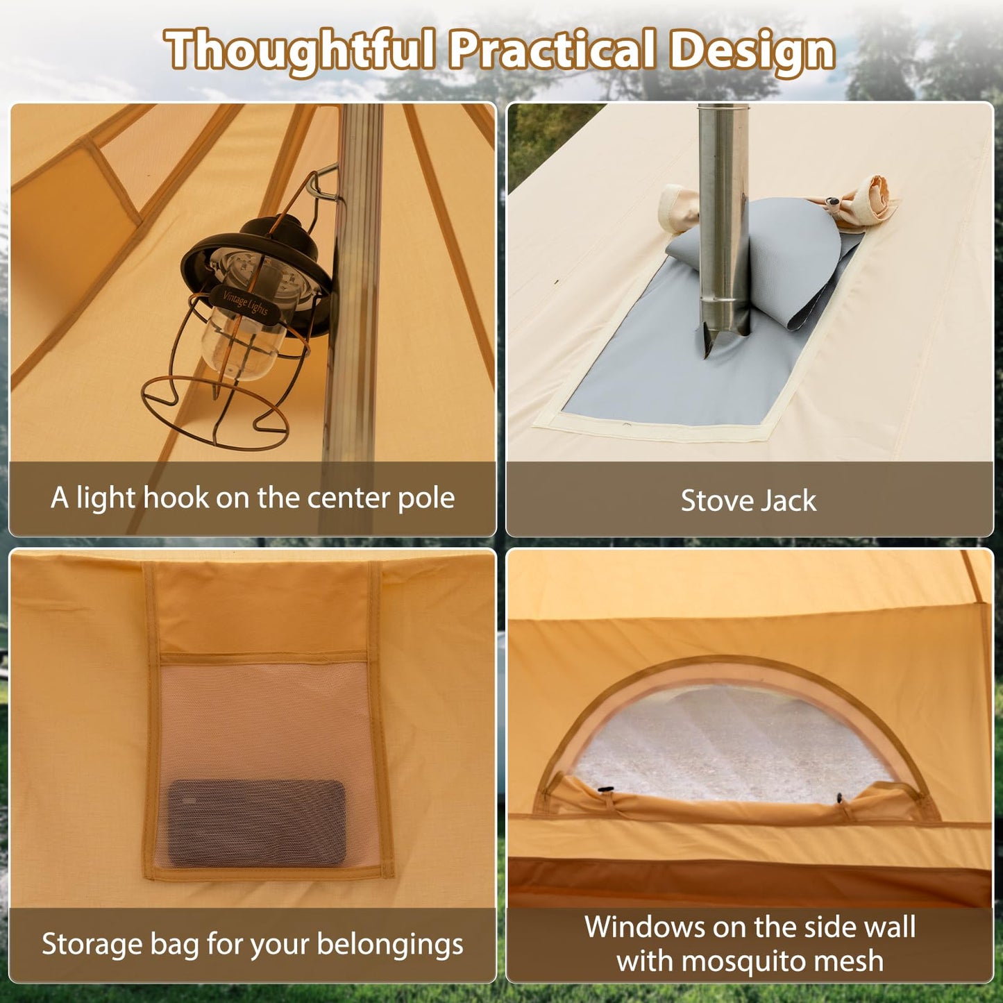 Canvas Bell Tent for Camping, 4-Season Yurt Tent with Stove Jack, All Year Living Glamping Tent for 4–6 Person, Sturdy Shelter for Family Camping & Backyard (13.1ft/4m)