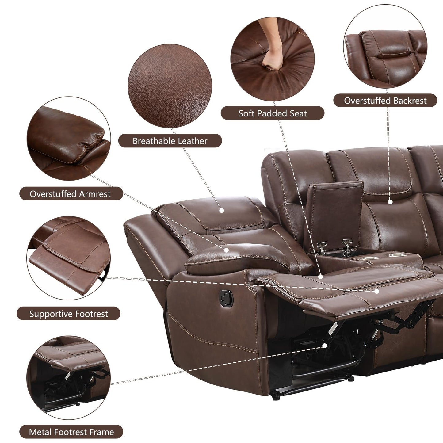 EBELLO Genuine Leather Recliner Sectional Sofa Set, Manual Reclining Corner Couches with Storage Console and Hidden Cup Holders, Extra Wide Footrest for House/Living Room, Brown