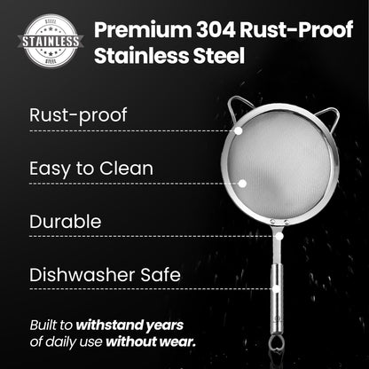 Stainless Steel Fine Mesh Strainer Set, Colander Set with 1 Large Flour Sifter (Sturdy Handle), 1 Small Mesh Sieve for Pasta & Rice, 1 Silicone Can Strainer – Durable, Dishwasher Safe, 5-Year Warranty