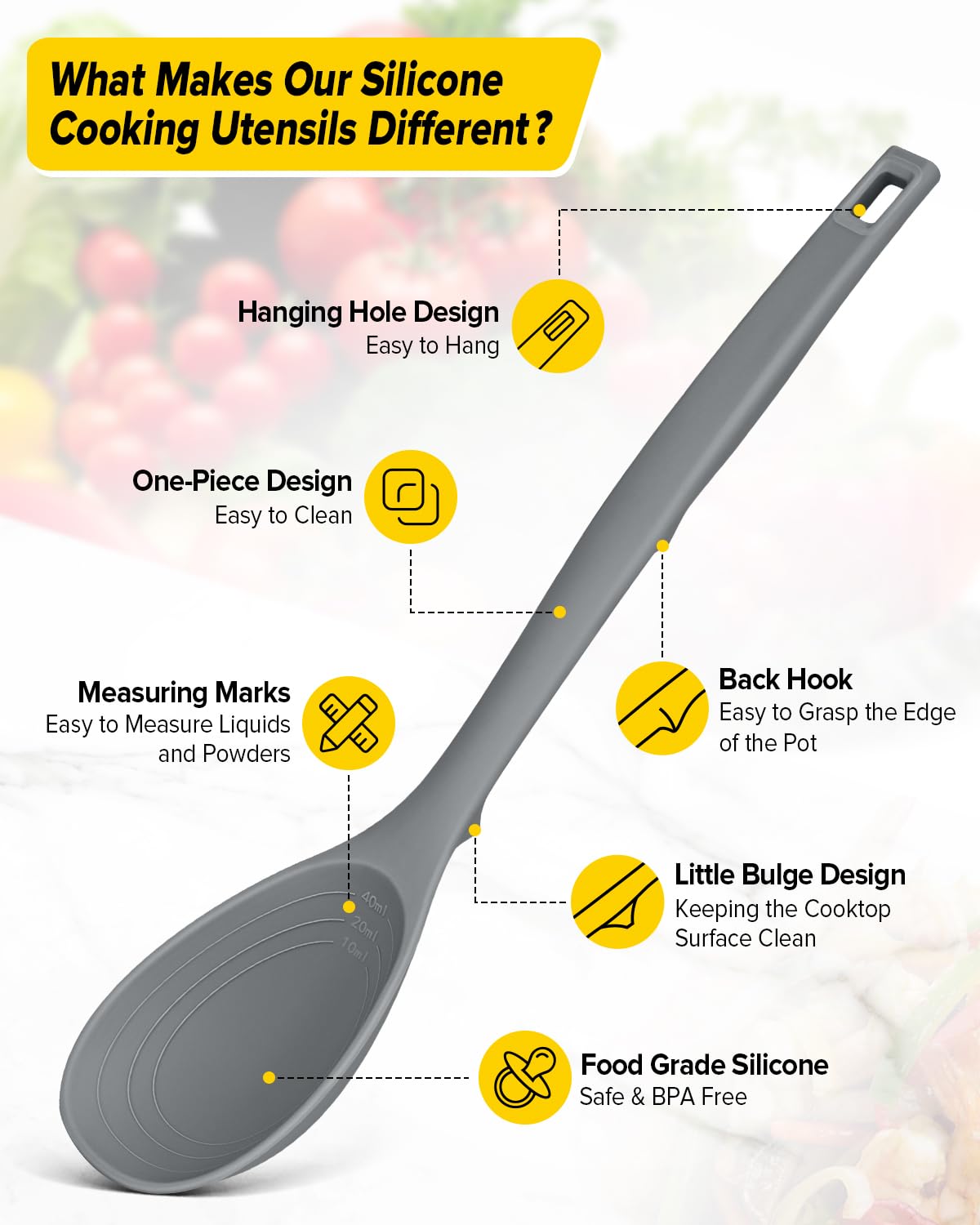 Pack of 2 Silicone Cooking Spoons, Non Stick Solid Kitchen Spoon with Measuring Marks & Back Hooks, Heat Resistant Silicone Slotted Spoon for Cooking, Mixing, Stirring,Serving (GRAY)