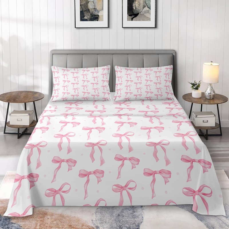 Zzzboro 4 Pcs Fitted Sheet Set Queen Size, Cute Coquette Pink Bow Bowknot, Bed Decor Sweet Themed Elegant Girly Baby Bedroom Sets Pillowcase Bedsheet Bedding Flat Sheet for Kids and Adults